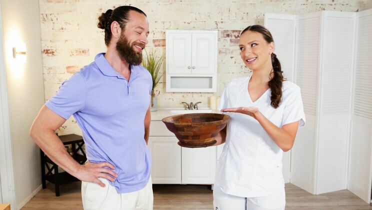 Nuru Massage with Big Cock and Hairy Brunette